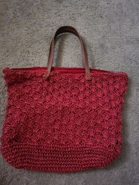 Red Crochet Tote Bag with Brown Handles Unbranded